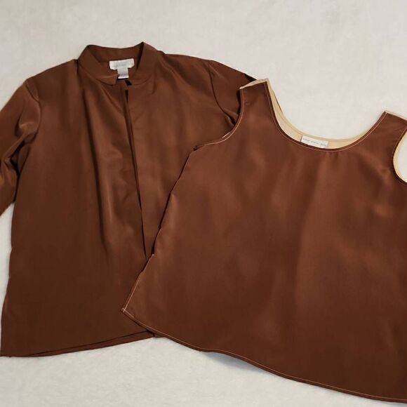 Susan Graver Style Two Piece Set Jacket and Tank in Brown And Biege Size Large - Picture 1 of 15